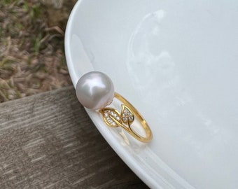 10-11mm White/Creamy color Edison pearl ring,leaf sterling silver ring,one pearl ring,simple ring