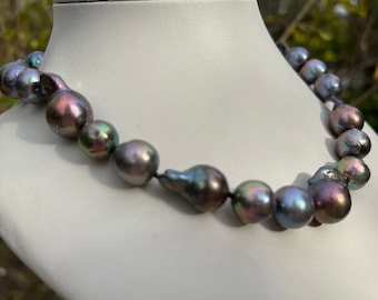 Black with metaliic Baroque Pearl necklace sterling silver clasp, dark grey baroque simply pearl choker