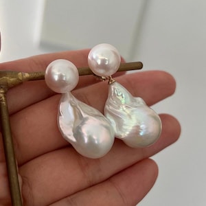 White Baroque pearl earrings with Double round pearl earrings,freshwater pearl drop earrings