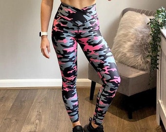Pink, grey & black camouflage high waisted gym leggings
