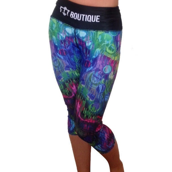 Multi Coloured 3/4 Cropped Sports Gym Leggings With Pocket 