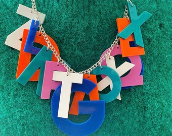 Alphabet necklace, statement necklace, perspex necklace, acrylic necklace, plastic jewellery, handmade jewellery, letter necklace, pendant