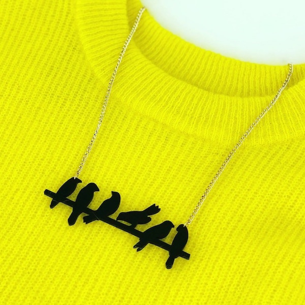 Birds on the wire, Bird necklace, Acrylic, necklace, Perspex jewellery ,Black birds, Bird jewellery, handmade jewellery, acrylic necklace
