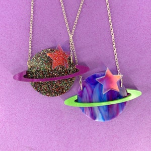 Planet necklace, space jewellery, perspex jewellery, laser cut jewellery, statement jewellery, handmade jewellery, plastic jewellery,