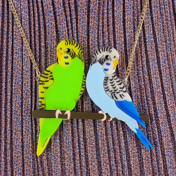 Budgie necklace, acrylic jewellery, plastic jewellery, perspex jewellery, handmade jewellery, statement jewellery