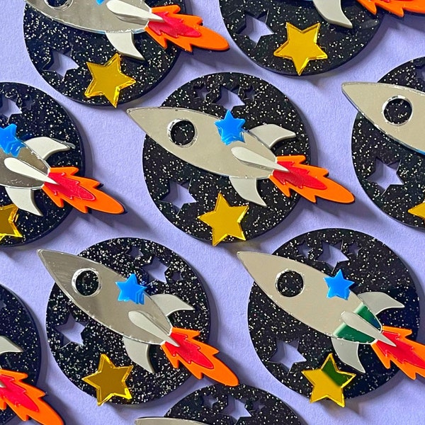 Rocket brooch, plastic jewellery, statement jewellery, laser cut jewellery, handmade jewellery, space jewellery