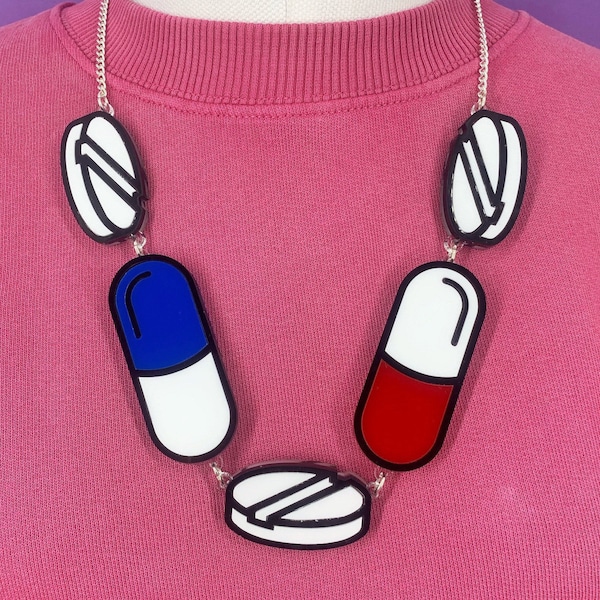 Chill pill necklace, plastic jewellery, acrylic necklace, handmade jewellery, statement jewellery, laser cut jewellery