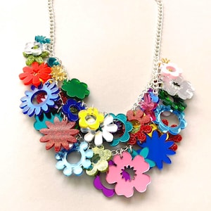 Flower bed necklace, statement necklace, acrylic necklace, plastic jewellery, handmade jewellery, flower necklace, laser cut jewellery