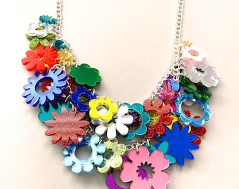 Flower bed necklace, statement necklace, acrylic necklace, plastic jewellery, handmade jewellery, flower necklace, laser cut jewellery