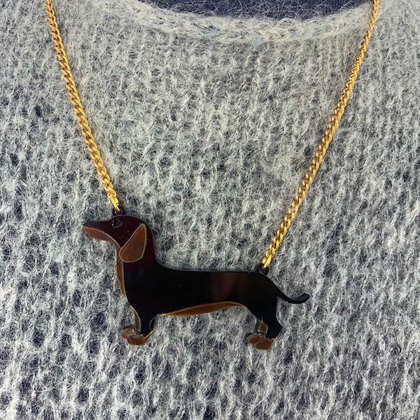 Sausage dog necklace, dog necklace, dachshund necklace, perspex necklace, perspex jewellery, perspex jewelery, acrylic necklace