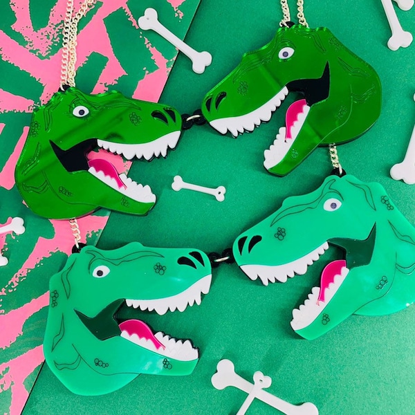 T-Rex halsband, djursmycken, plexiglassmycken, akrylsmycken, plastsmycken, dinosauriesmycken, handgjorda smycken