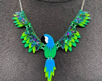 Polly parrot necklace, plastic jewellery, laser cut jewellery, statement jewellery, statement necklace, handmade jewellery, animal jewellery