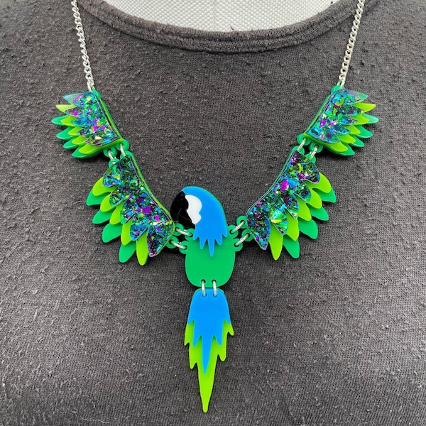 Polly parrot necklace, plastic jewellery, laser cut jewellery, statement jewellery, statement necklace, handmade jewellery, animal jewellery