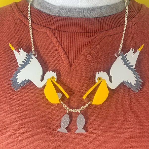 Pelican necklace, plastic jewellery, perspex jewellery, acrylic jewellery, statement jewellery, statement necklace, handmade jewellery,