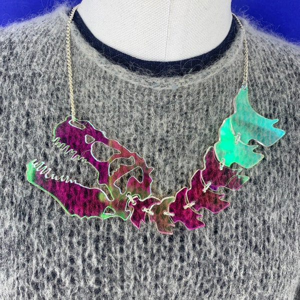 T-Rex skeleton necklace, statement jewellery, perspex jewellery, plastic jewellery, acrylic jewellery, handmade jewellery, dinosaurs