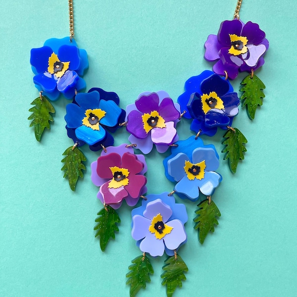 Pancy necklace, plastic jewellery, statement jewellery, statement necklace, laser cut jewellery, handmade jewellery, floral jewellery