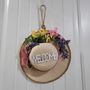 Front door hanger, spring wreath, hat wreath, spring door decor