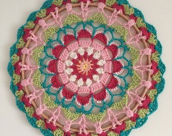 Handmade Pinks and Greens, Cotton, Circular Crochet Wall Hanging, Dream Catcher, Mandala.