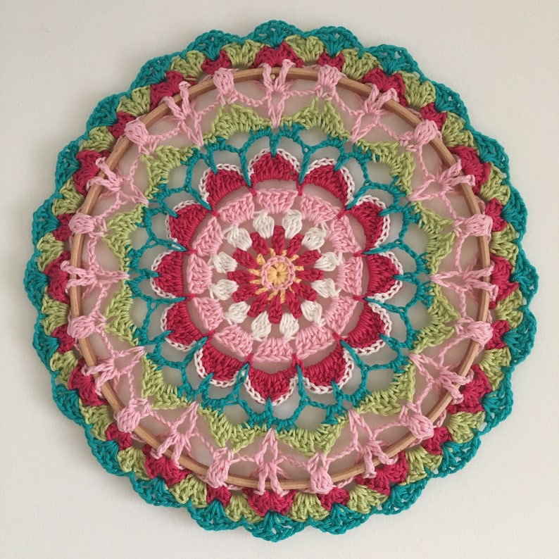 Handmade Pinks and Greens, Cotton, Circular Crochet Wall Hanging, Dream Catcher, Mandala. image 1