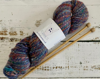 Purple, Blue and Orange, Hand Spun, 100% Wool, Aran Weight Yarn, 72g, 97m