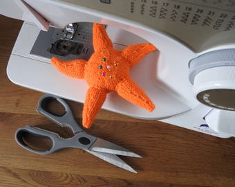 Hand knitted Orange Starfish Pin Cushion Critter, Desk Toy, #OOAK