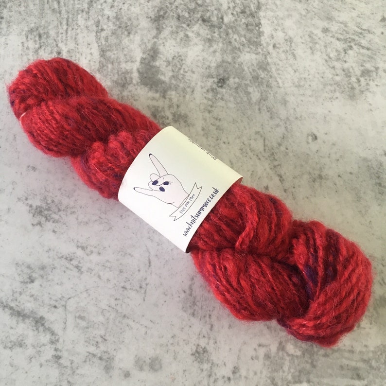 Red Crimson, Hand Spun, Wool/Silk/Alpaca, Aran Weight, Art Yarn, Mini Skein, 41g, 68m image 1