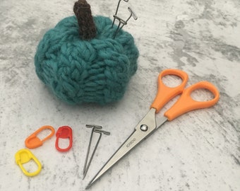 Hand knitted Teal Pumpkin Pin Cushion, Desk Toy, #OOAK