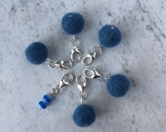 Snag free Stitch Markers, Blue, Denim, Set of 6 Heart Locking Stitch Markers on Safety Pin for Knitting or Crocheting.