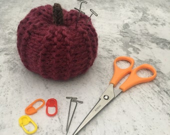 Hand knitted Plum Pumpkin Pin Cushion, Desk Toy, #OOAK