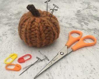 Hand knitted Burnt Orange Pumpkin Pin Cushion, Desk Toy, #OOAK