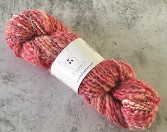 Coral Peach, Pink, Blush, Hand Spun, Wool/Silk/Cotton, Aran Weight, Art Yarn, 69g, 74m