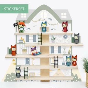 May include: A set of colorful animal character stickers for decorating a playhouse or bedroom. The stickers feature a variety of animals, including a pirate, a mermaid, and a fox. The stickers are designed to be placed on a wooden shelf unit, which is also included in the set.