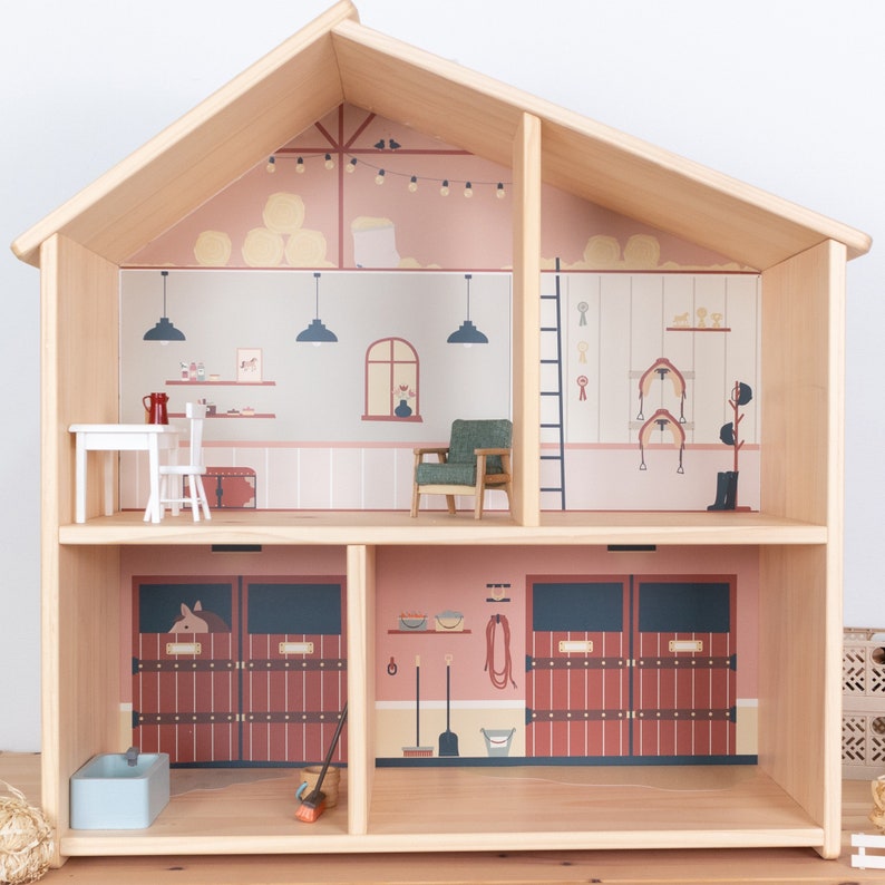 Puppenhaus Klebefolie passend für das Ikea Flisat Puppenhaus mit dem Motiv Pferdehof oder Pferdestall