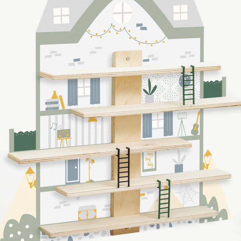 May include: A wooden house-shaped shelf unit with five shelves. The shelves are decorated with a white background and colorful illustrations of a house, windows, and other details. The shelves are made of natural wood and have a light brown finish.