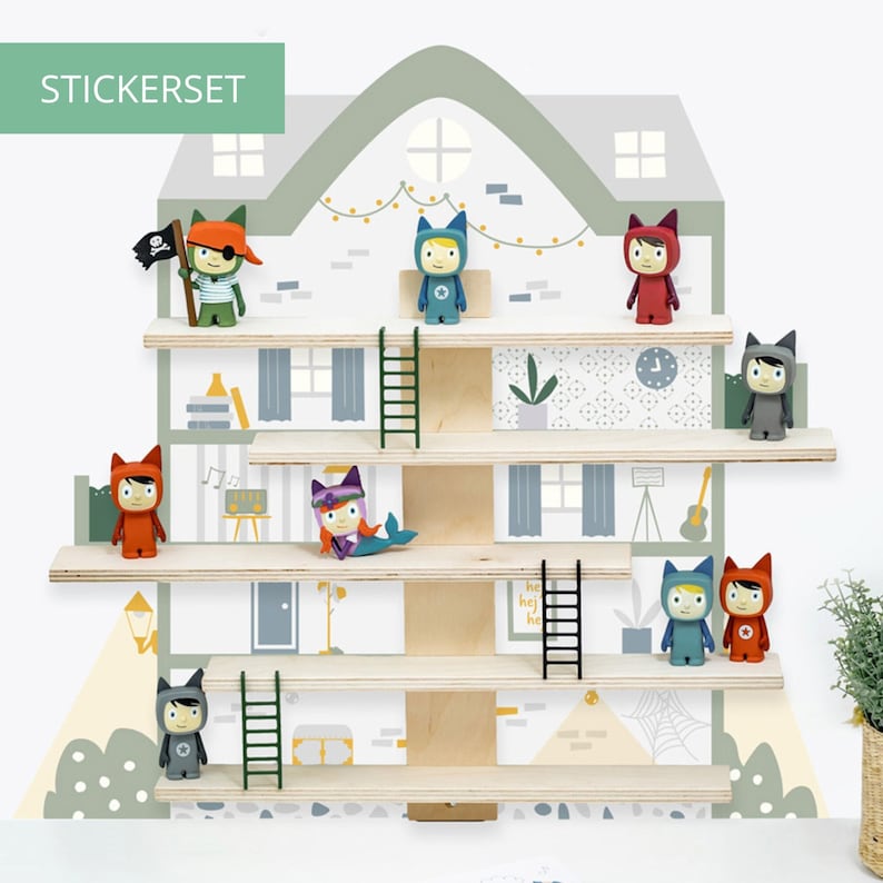 May include: A set of colorful animal character stickers for decorating a playhouse or bedroom. The stickers feature a variety of animals, including a pirate, a mermaid, and a fox. The stickers are designed to be placed on a wooden shelf unit, which is also included in the set.