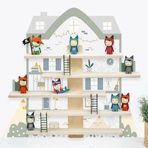 May include: A wooden shelf unit with a house-shaped design, featuring a variety of colorful figurines with animal faces. The figurines are arranged on the shelves, with some holding accessories like a pirate flag or a musical instrument. The shelves are decorated with a light green and white wallpaper pattern.