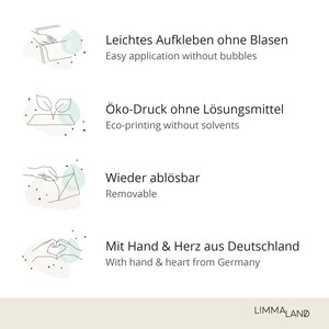 May include: Four illustrations with text describing the features of a product. The first illustration shows a hand applying a sticker. The text reads "Easy application without bubbles". The second illustration shows a plant growing from the ground. The text reads "Eco-printing without solvents". The third illustration shows a hand peeling a sticker off a surface. The text reads "Removable". The fourth illustration shows two hands forming a heart shape. The text reads "With hand & heart from Germany".
