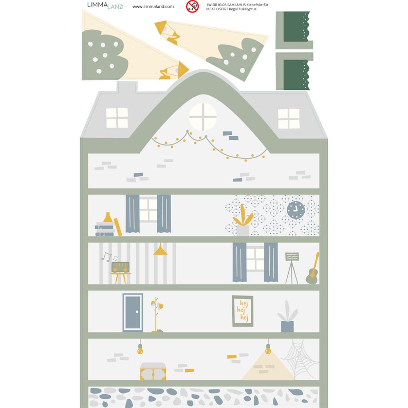 May include: A printable paper dollhouse with five floors, each with different interior details. The dollhouse has a green roof, white walls, and a gray stone foundation. The interior features a clock, a guitar, a plant, a lamp, a radio, and a door.