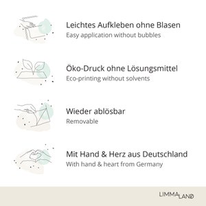 May include: Four illustrations with text describing the features of a product. The first illustration shows a hand applying a sticker. The text reads "Easy application without bubbles". The second illustration shows a plant growing from the ground. The text reads "Eco-printing without solvents". The third illustration shows a hand peeling a sticker off a surface. The text reads "Removable". The fourth illustration shows two hands forming a heart shape. The text reads "With hand & heart from Germany".