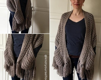 Pocket Shawl Crochet PATTERN EASY, Crochet Pocket Scarf Shawl, Pocket Scarf Fringe, Pocket Wrap, Boho Pocket Shawl *Perfect Pockets Shawl*