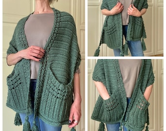 Easy Crochet Shawl Pockets PATTERN, Crochet Pocket Scarf With Tassels, Boho Crochet Pocket Wrap Download *Easy Pleases-Me Pocket Shawl* PDF