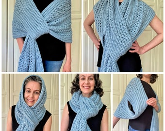 Easy Crochet Wrap Shawl Gathered PATTERN, Crochet Scarf With Hood, Easy Hoodie, Easy Winter Scarf Crochet, *Hole-Lotta-Looks Gathered Wrap*