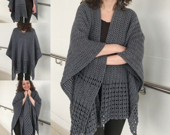 EASY Ruana Wrap PATTERN, Crochet Poncho Shawl Pattern, Wrap Shawl Crochet Pattern, Easy Crochet Patterns for Women *Never-A-Gray-Day Ruana*