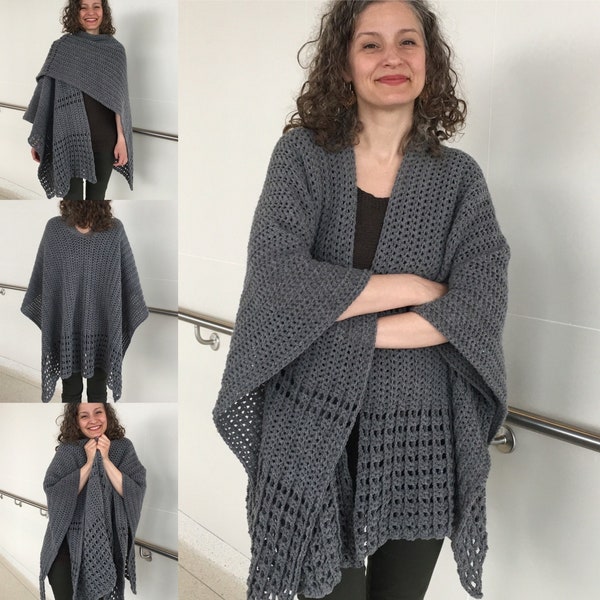 EASY Ruana Wrap PATTERN, Crochet Poncho Shawl Pattern, Wrap Shawl Crochet Pattern, Easy Crochet Patterns for Women *Never-A-Gray-Day Ruana*