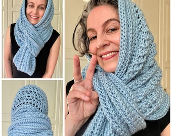 Easy Crochet Hoodie PATTERN, Hooded Scarf, Crochet Scarf With Hood, Gathered Wrap Shawl, Prayer Shawl, PDF, *Hole-Lotta-Looks Gathered Wrap*