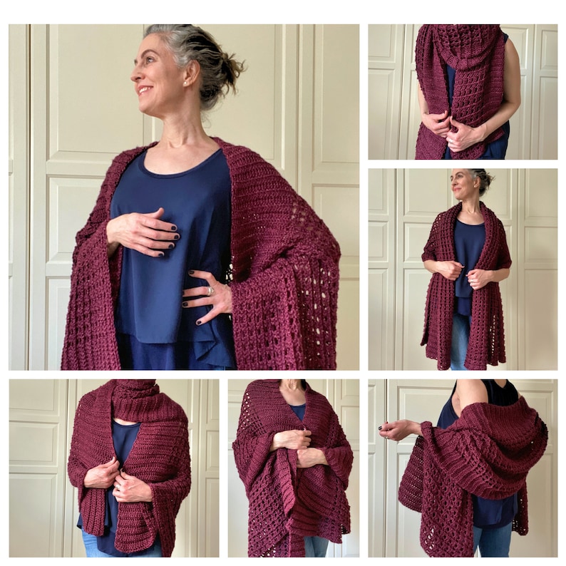May include: A maroon crocheted shawl with a lacy pattern. The shawl is shown being worn in different ways, including draped over the shoulders, wrapped around the neck, and tied at the waist.
