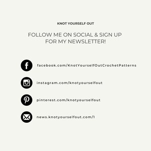 May include: Black and white icons for social media platforms Facebook, Instagram, Pinterest, and email. Text reads "Knot Yourself Out" and "Follow me on social & sign up for my newsletter!" with links to each platform.