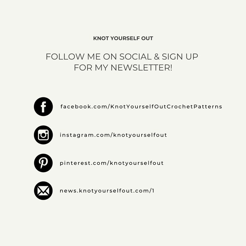May include: Black and white icons for social media platforms Facebook, Instagram, Pinterest, and email. Text reads "Knot Yourself Out" and "Follow me on social & sign up for my newsletter!" with links to each platform.