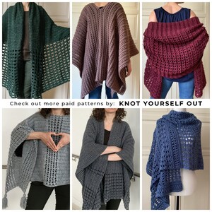 Peut inclure: Cinq ch&acirc;les en crochet de diff&eacute;rentes couleurs, dont le vert, le marron, le bordeaux, le gris et le bleu. Les ch&acirc;les sont r&eacute;alis&eacute;s avec un point ajour&eacute; et ont une bordure frang&eacute;e. Le texte "Check out more paid patterns by: KNOT YOURSELF OUT" est affich&eacute; en bas de l'image.