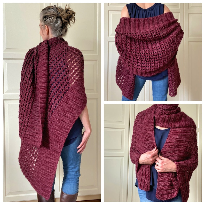 May include: A burgundy crochet shawl with a lacy pattern. The shawl is draped over a person's shoulders and is worn as a wrap.